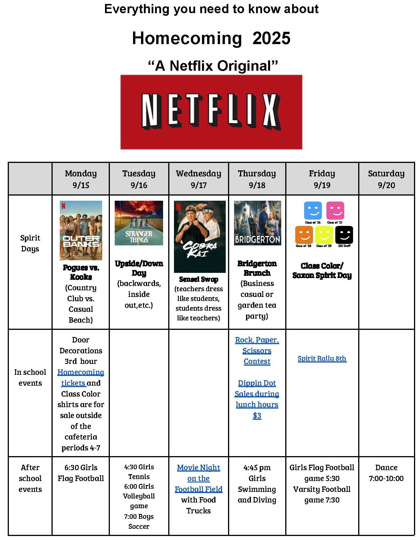 Homecoming Calendar